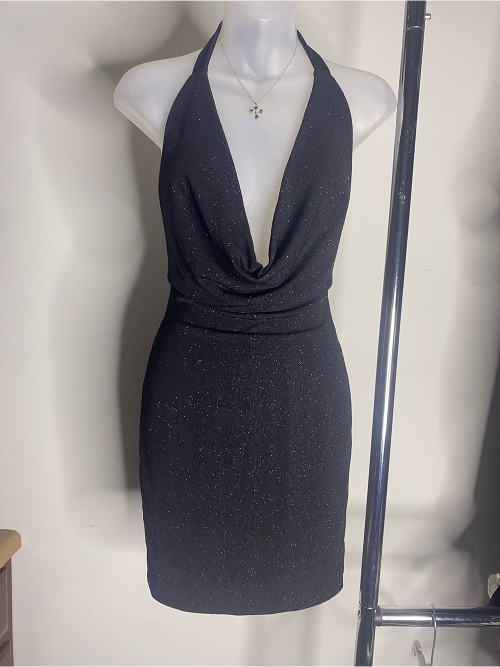 Made in Italy Black Halter Cowl Neck Sparkle Bodycon Dress